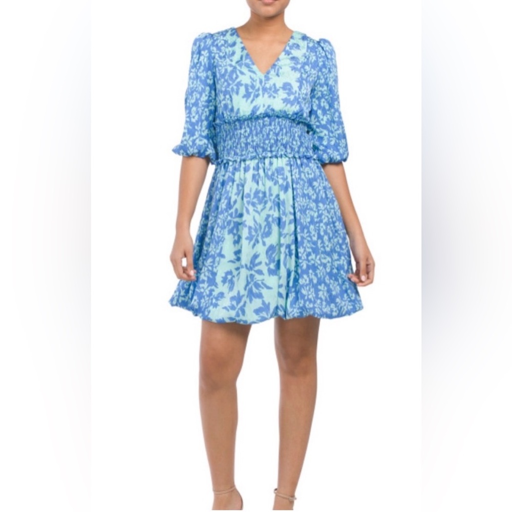 Taylor Puff Sleeve Mini Dress Fit and Flare Blue Aqua Size 10 Smocked Floral